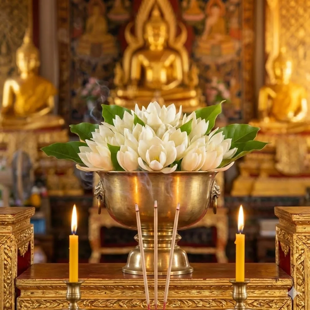ดอกจำปีจัดใส่พานสำหรับไหว้พระ พร้อมธูปเทียน บรรยากาศพิธีกรรมทางศาสนา
