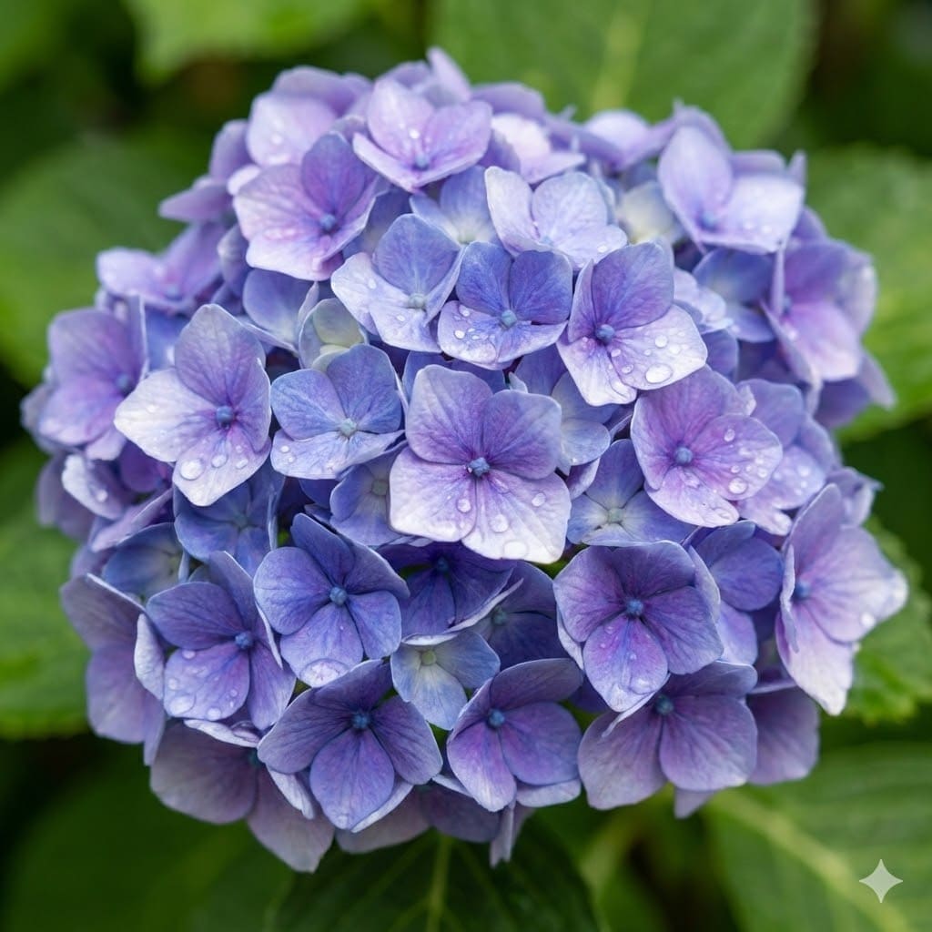 ดอกไฮเดรนเยียระยะใกล้ แสดงช่อดอกประกอบด้วยดอกย่อยจำนวนมาก กลีบดอก 4 กลีบ สีฟ้าม่วงไล่เฉด