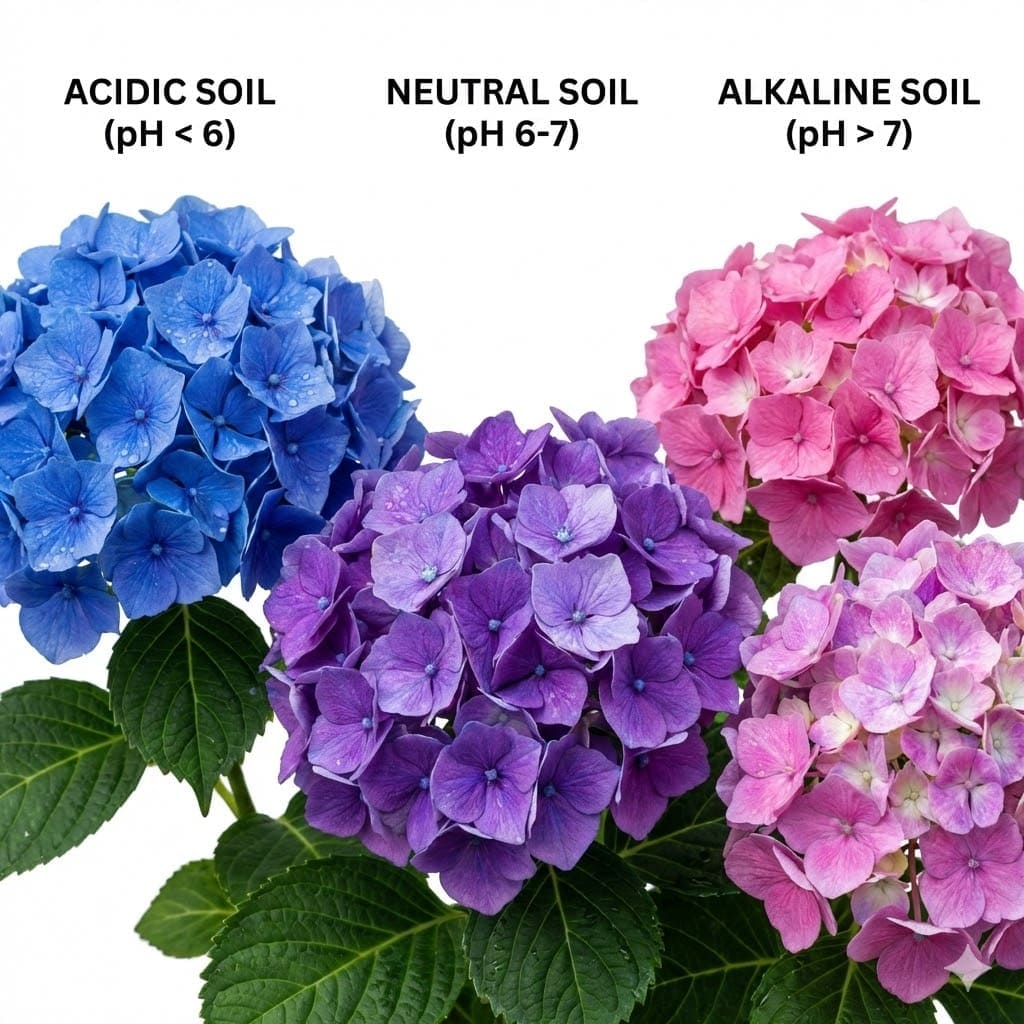 การเปลี่ยนสีดอกไฮเดรนเยียตามค่า pH ดินเป็นกรดให้ดอกสีฟ้า ดินเป็นกลางให้สีม่วง ดินเป็นด่างให้สีชมพู