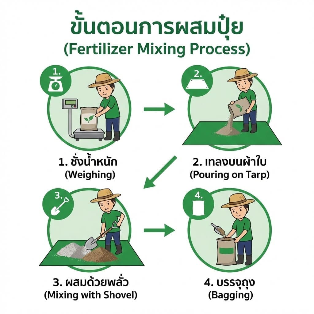 ขั้นตอนการผสมปุ๋ยใช้เอง 4 ขั้นตอน - ชั่ง เท คลุก บรรจุ