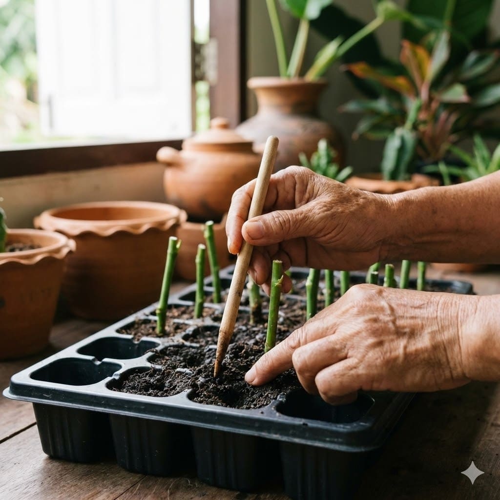 วิธีปักกิ่งชำลงถาดเพาะ กดดินรอบโคนให้แน่น