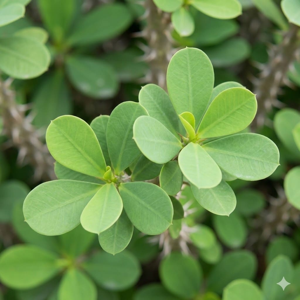 ใบโป๊ยเซียนสีเขียวรูปรีที่ปลายกิ่ง ผิวใบเรียบอวบน้ำ