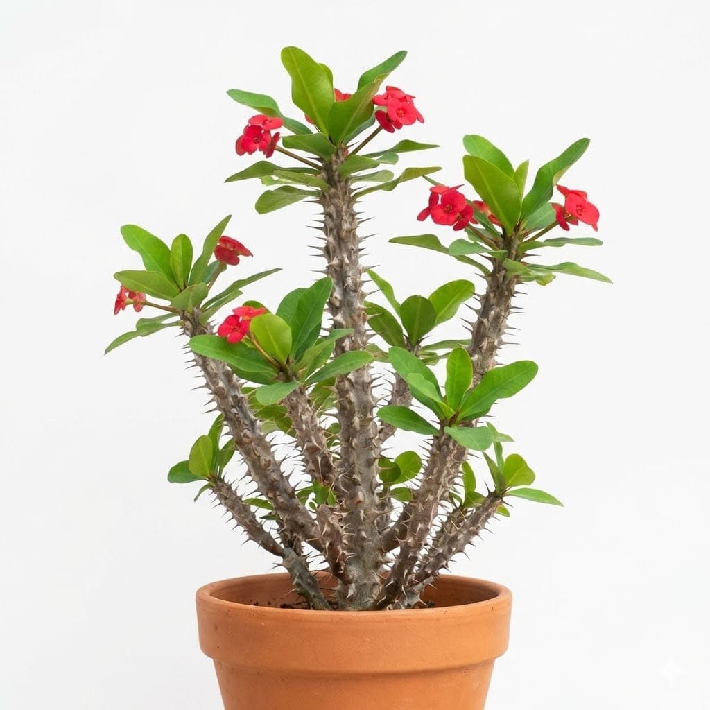 ต้นโป๊ยเซียนเต็มต้นแสดงลำต้นมีหนาม ใบสีเขียว และดอกสีแดง