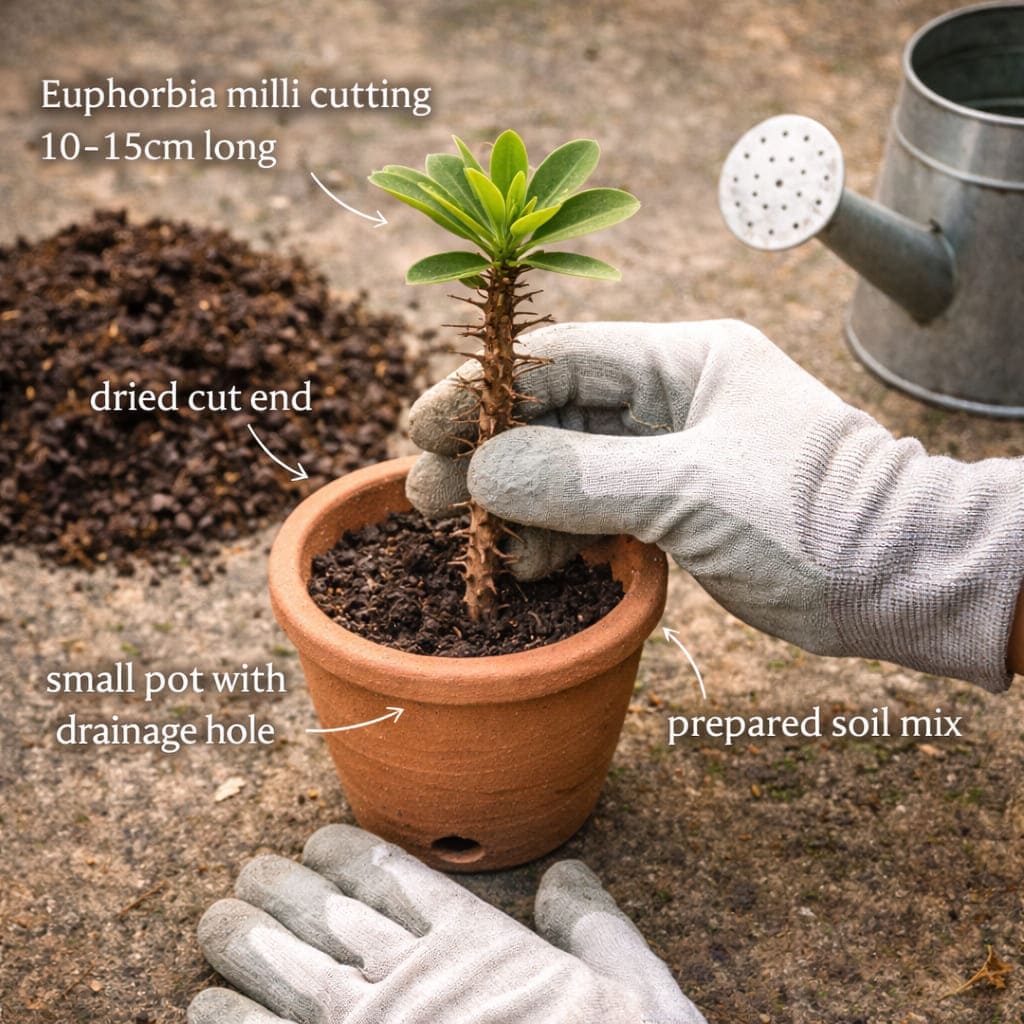 ขั้นตอนการปลูกโป๊ยเซียน กิ่งชำยาว 10-15 ซม. ปักลงกระถาง