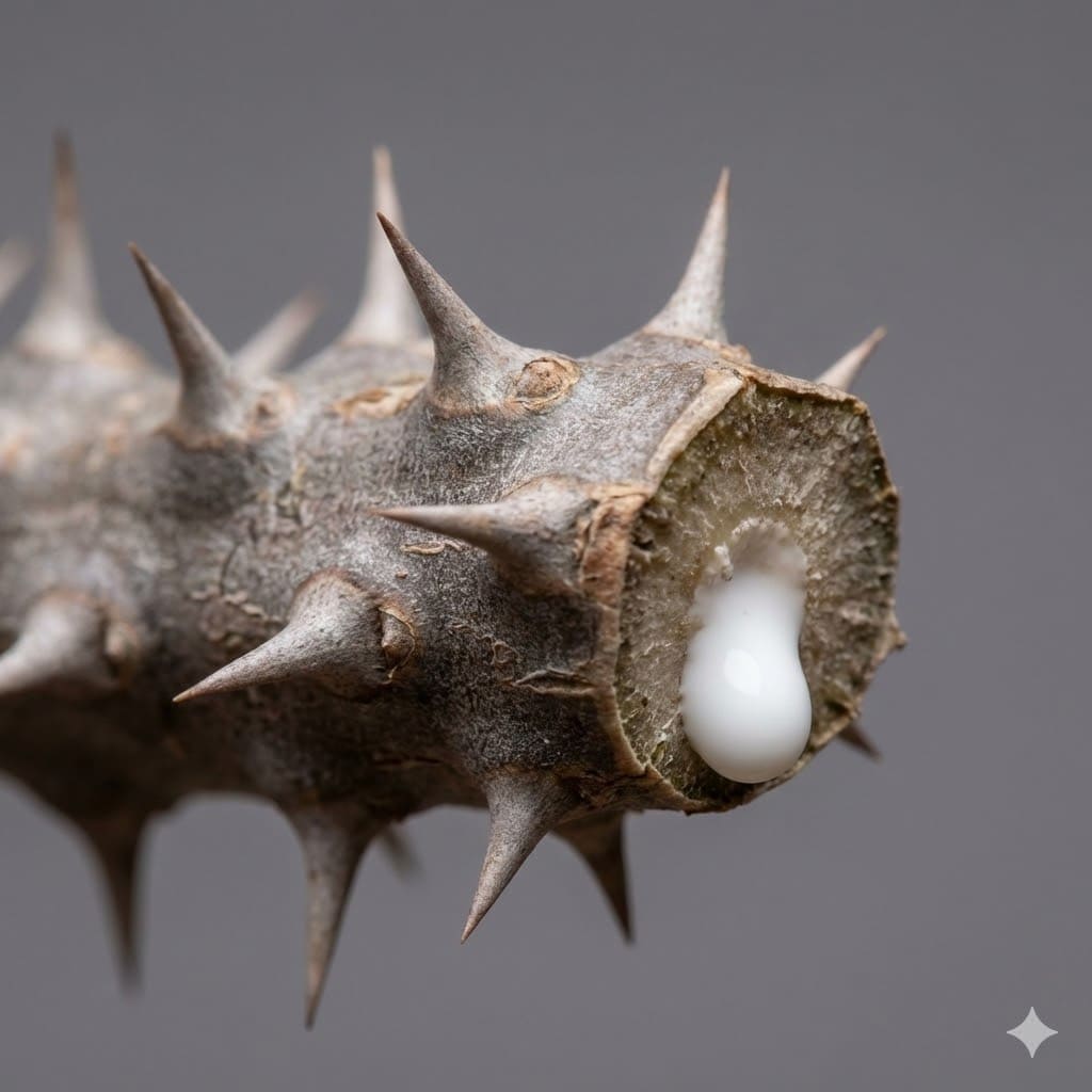 ลำต้นโป๊ยเซียนระยะใกล้แสดงหนามแหลมและน้ำยางสีขาว