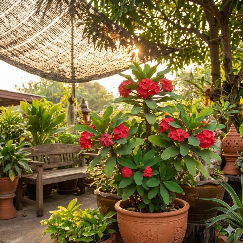 ต้นโป๊ยเซียนในตำแหน่งที่ได้รับแสงแดด 60-70% ใต้ตาข่ายพรางแสง