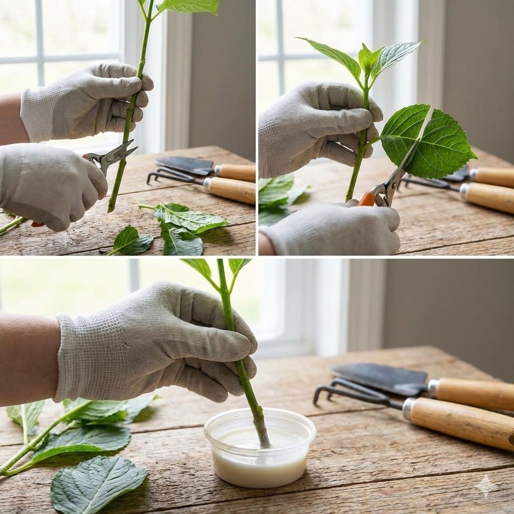 การเตรียมกิ่งปักชำ: ลิดใบล่าง เหลือใบยอด 2-3 ใบ จุ่มฮอร์โมนเร่งราก