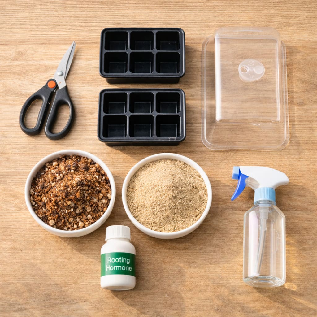 อุปกรณ์ปักชำ: กรรไกรตัดกิ่ง ถาดเพาะ ฮอร์โมนเร่งราก วัสดุปักชำ และฝาครอบพลาสติก