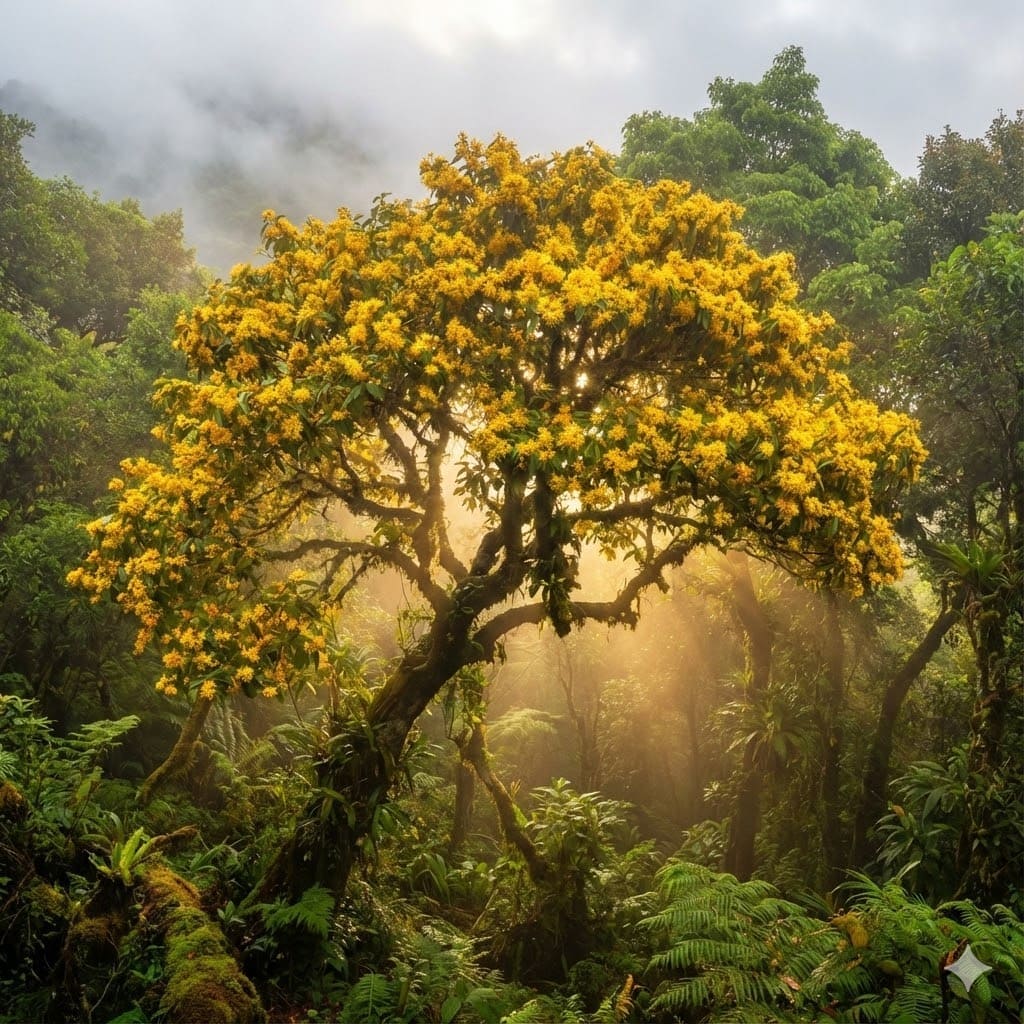 ต้นรวงผึ้งออกดอกสีเหลืองทองบานเต็มต้นในป่าภูเขาภาคเหนือของไทย มีหมอกยามเช้าและแสงแดดอุ่นส่องผ่านทรงพุ่ม