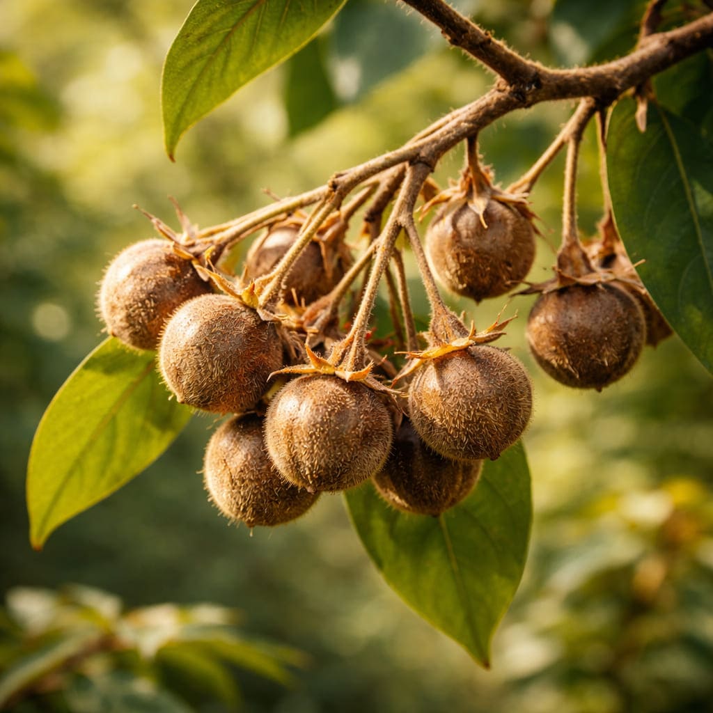 ผลรวงผึ้งบนกิ่ง ผลแห้งทรงกลมขนาด 0.5-1 ซม. มีขนปกคลุม เห็นกลีบเลี้ยงรูปดาวที่โคนผล