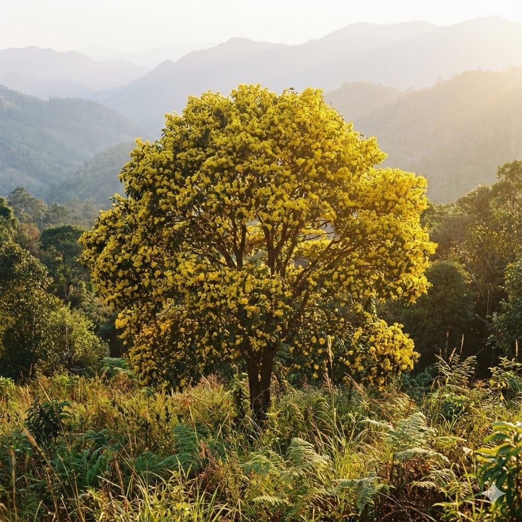 ต้นรวงผึ้งขนาดใหญ่สูงประมาณ 10-12 เมตร ทรงพุ่มกลมมนดอกบานเต็มต้นสีเหลืองอร่าม ในป่าดิบเขาภาคเหนือ