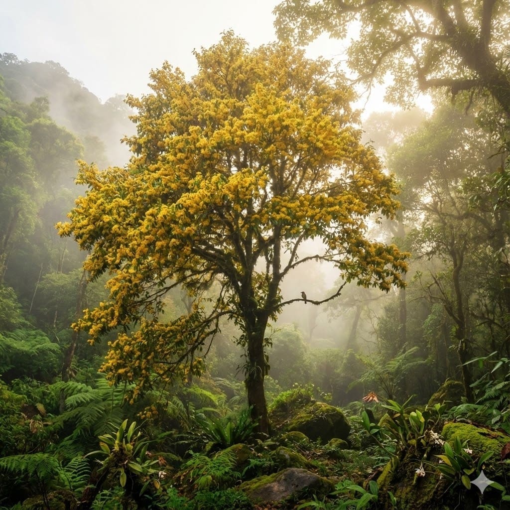ต้นรวงผึ้งในถิ่นกำเนิดธรรมชาติบริเวณดอยสุเทพ ดอกบานสีเหลืองทองตัดกับฉากหลังภูเขาเขียวขจีและหมอกยามเช้า