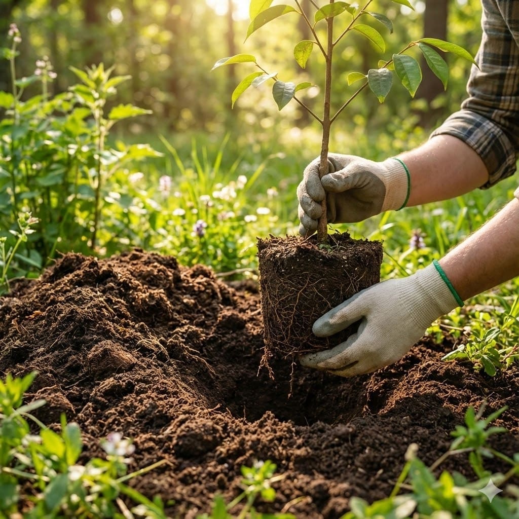 มือกำลังปลูกกล้าต้นรวงผึ้งลงดินในสวนธรรมชาติ แสดงตุ้มรากและดินปลูกคุณภาพดี