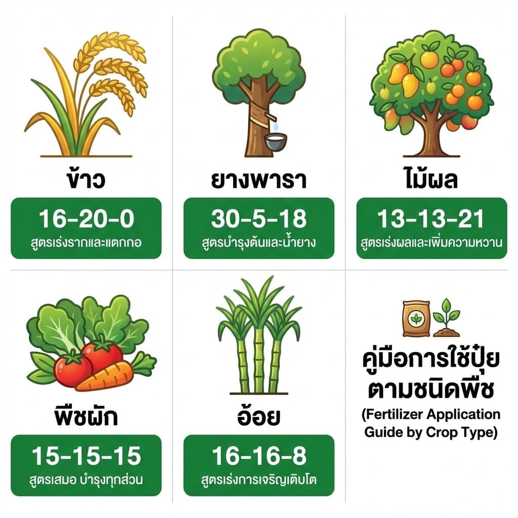 สูตรปุ๋ยแนะนำตามประเภทพืช - ข้าว ยางพารา ไม้ผล ผัก อ้อย