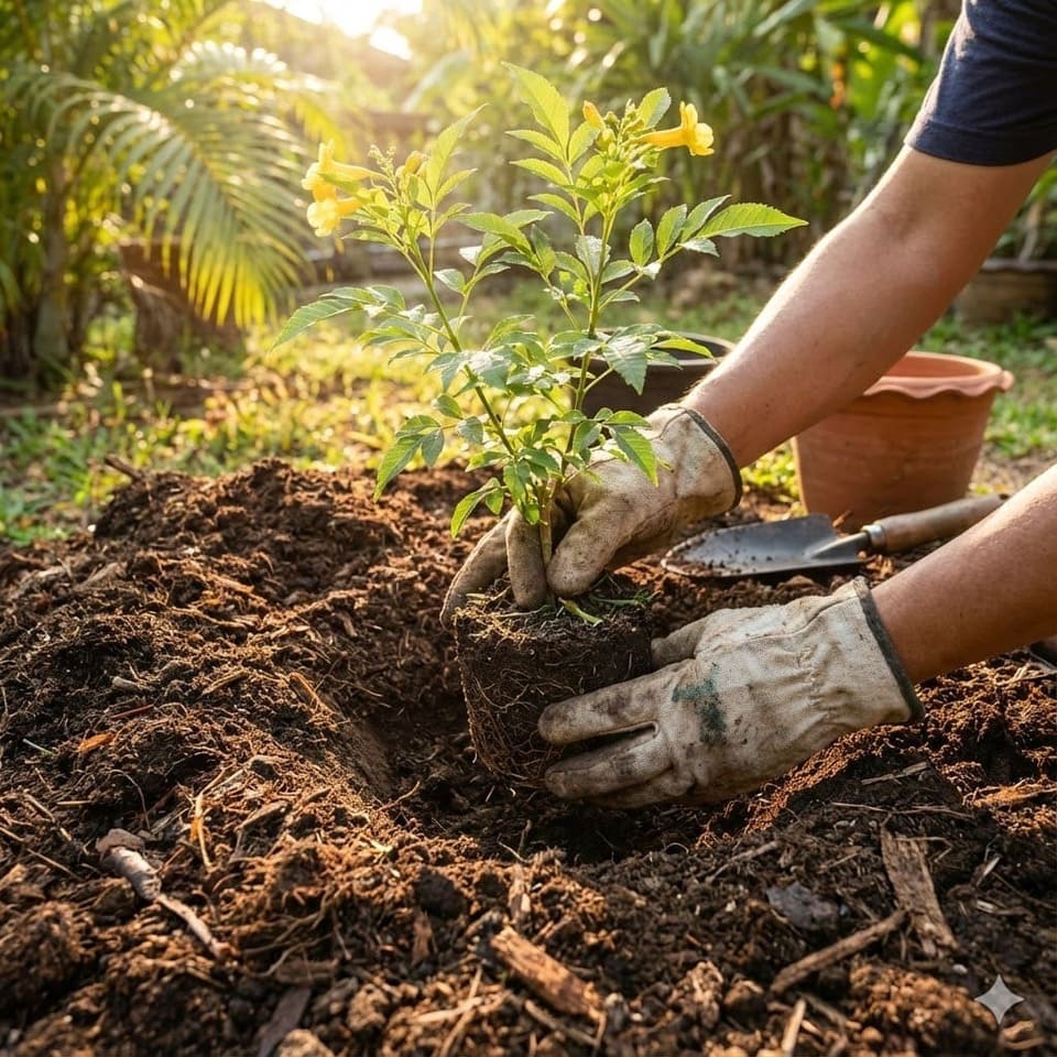 มือสวมถุงมือกำลังปลูกกล้าต้นทองอุไรลงหลุมที่เตรียมไว้ เห็นตุ้มรากและดินปลูกผสมปุ๋ยหมัก ในสวนไทยยามแดดจัด
