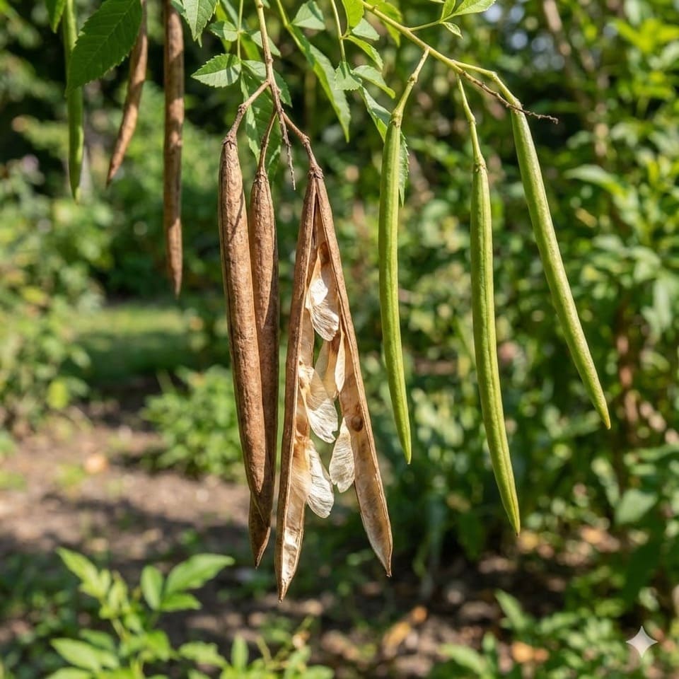 ฝักทองอุไรห้อยบนกิ่ง ฝักทรงกระบอกยาว 15-20 ซม. บางฝักแก่สีน้ำตาลแตกออกเห็นเมล็ดมีปีกภายใน มีฝักอ่อนสีเขียวอยู่ใกล้กัน