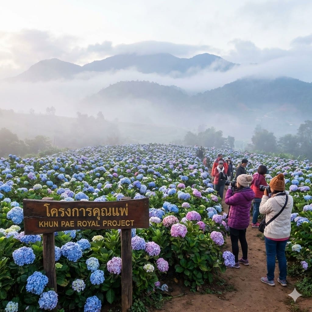 ทุ่งดอกไฮเดรนเยียโครงการหลวงขุนแปะ เชียงใหม่ ดอกสีฟ้าม่วงชมพูบานเต็มทุ่ง ท่ามกลางหมอกและขุนเขา