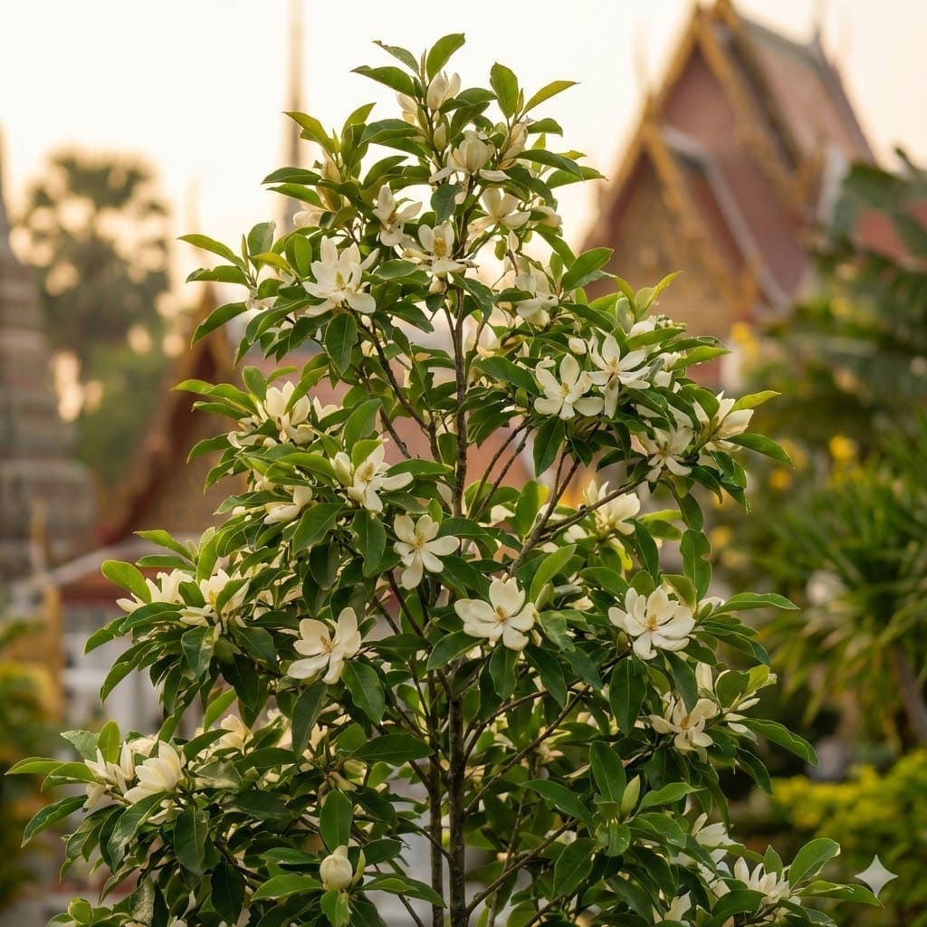 ต้นจำปีออกดอกบานสะพรั่ง ดอกสีขาวนวลกลิ่นหอม ใบเขียวเข้มเป็นมัน ในสวนวัดไทย