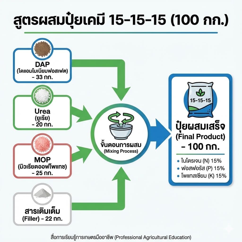 ตารางผสมปุ๋ยสำเร็จรูป สูตร 15-15-15 จากกรมวิชาการเกษตร
