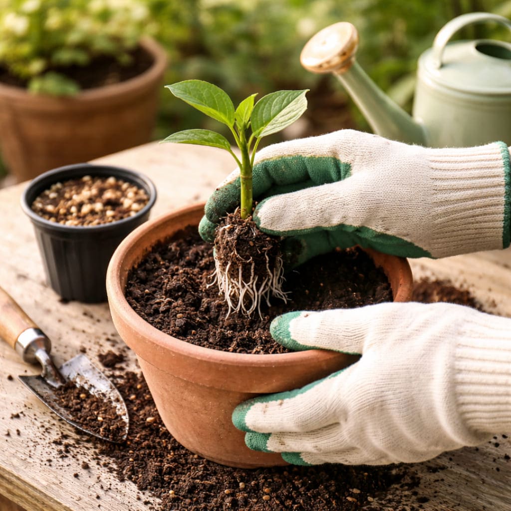 การย้ายกิ่งชำที่ออกรากแล้วลงกระถางใหญ่พร้อมดินปลูกใหม่